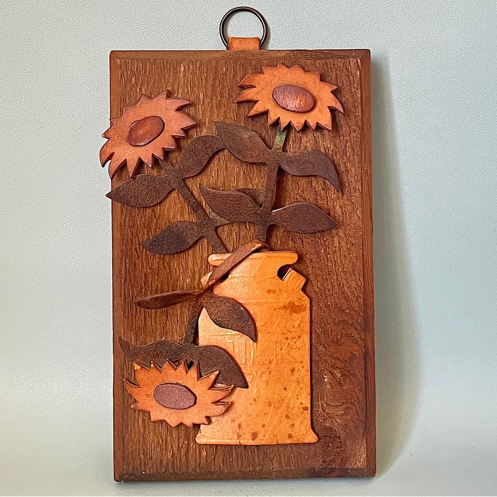 Vintage Leather Plaque Handmade Mid Century Flower 3D Sculpture Wall Decor - Picture 2 of 7